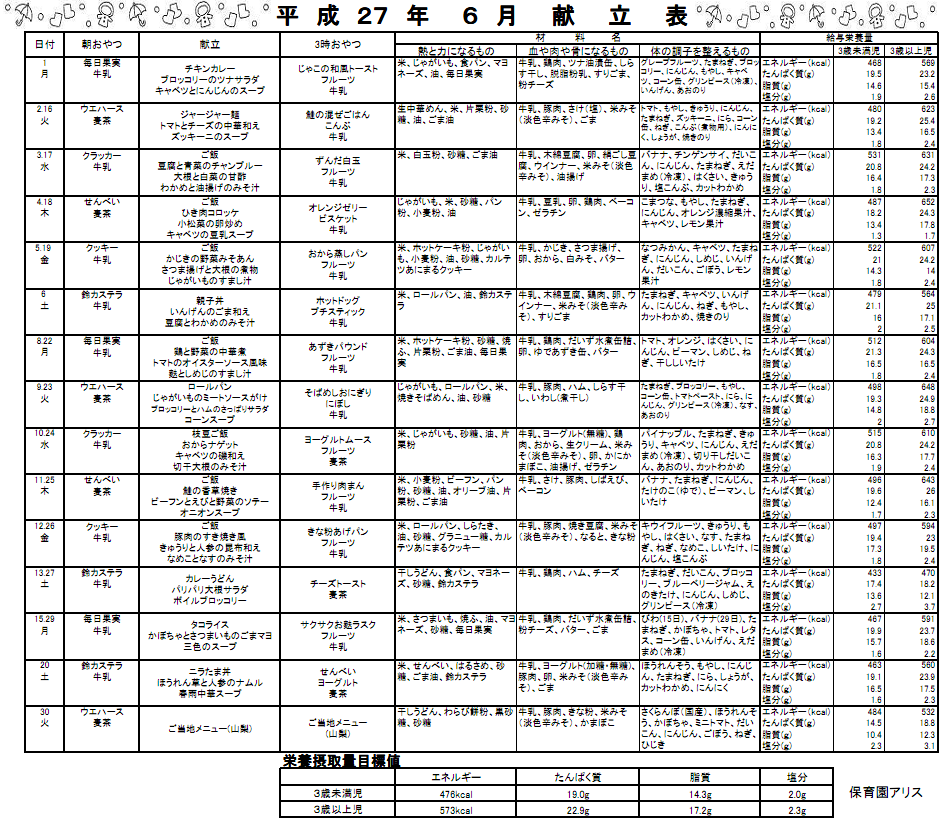 献立表 保育園アリスwebサイト